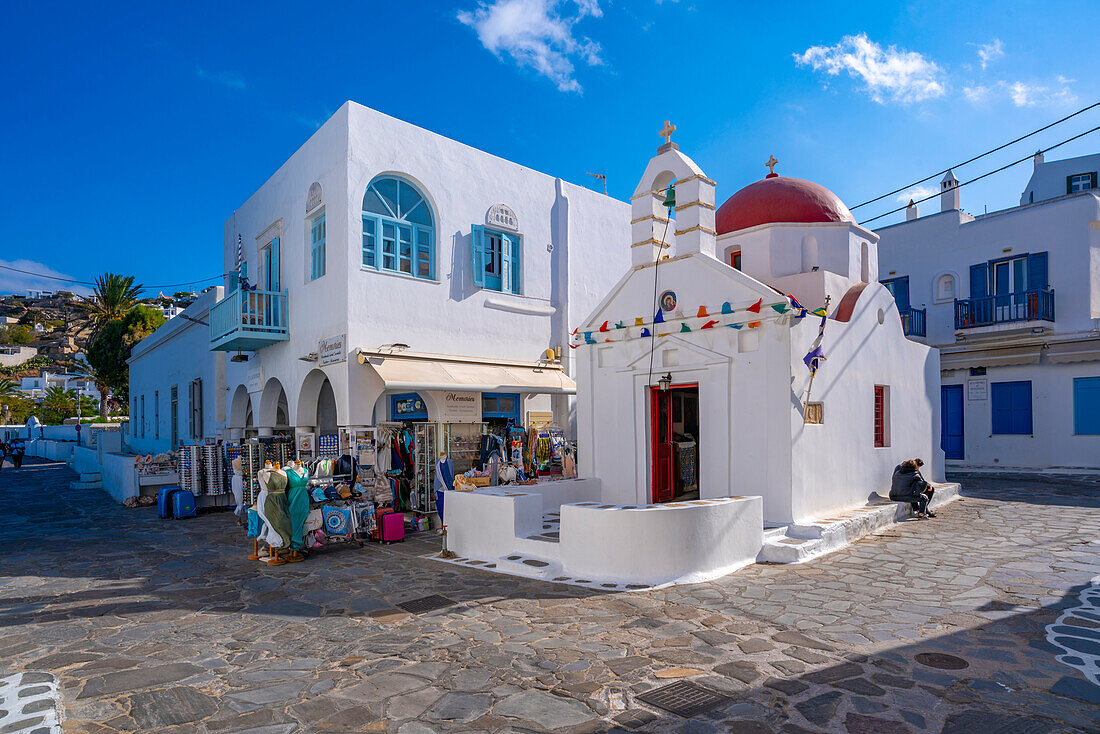 Blick auf Agia Anna Kirche, Mykonos-Stadt, Mykonos, Kykladen, griechische Inseln, Ägäis, Griechenland, Europa