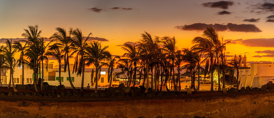 Blick auf den goldenen Sonnenuntergang durch Palmen, Playa Blanca, Lanzarote, Kanarische Inseln, Spanien, Atlantik, Europa