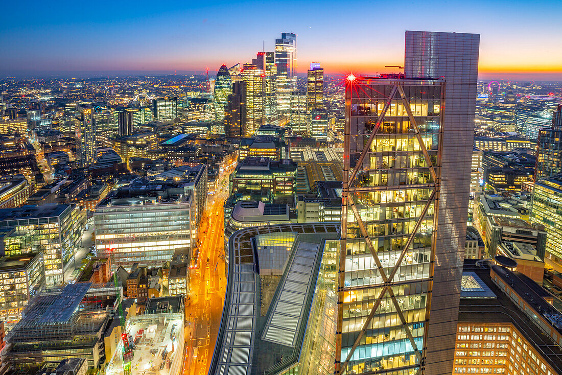 View of City of London skyscrapers at dusk from the Principal Tower, London, England, United Kingdom, Europe