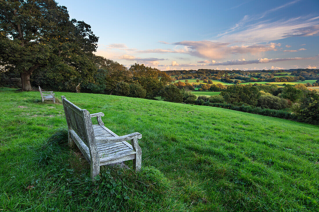 Holzbank mit Blick auf die grüne Wiesenlandschaft von High Weald am Sommerabend, Burwash, East Sussex, England, Vereinigtes Königreich, Europa