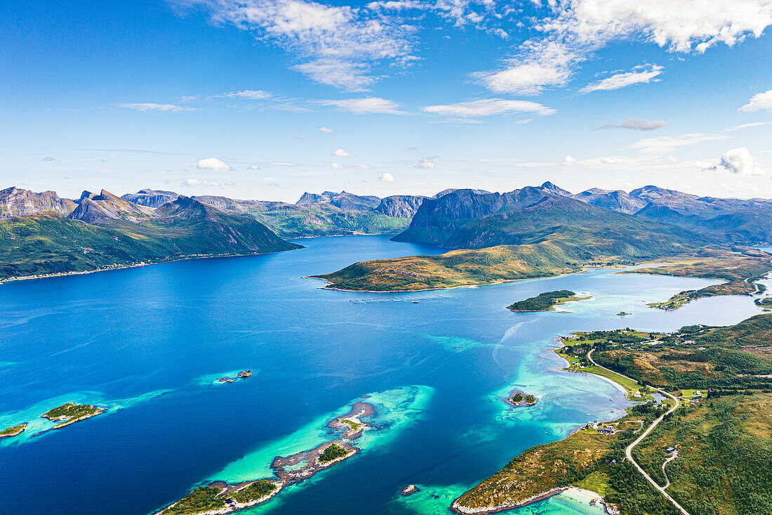 Aerial view of Bergsoyan Islands and Bergsbotn scenic route along the fjord, Skaland, Senja, Troms county, Norway, Scandinavia, Europe