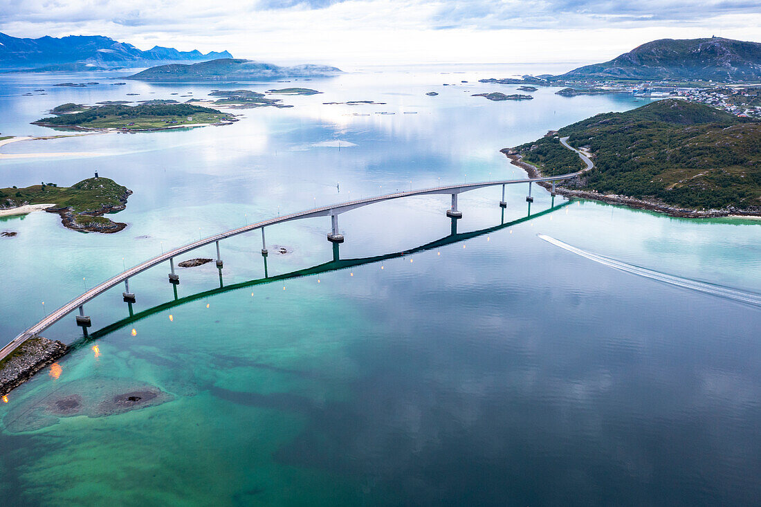 Aerial view of Sommaroy bridge connecting island to mainland, Sommaroy, Troms county, Northern Norway, Scandinavia, Europe