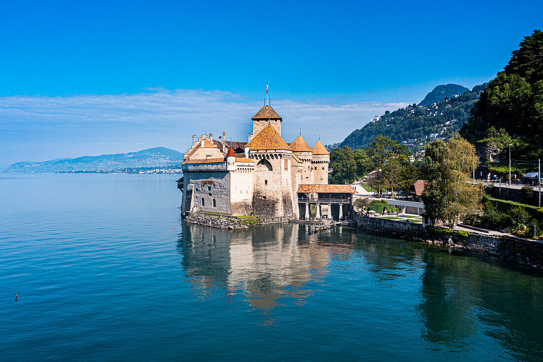 Aerial of Chillon Castle, Lake Geneva, Switzerland, Europe