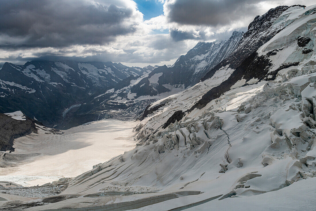 View over the Aletsch Glacier from the Jungfraujoch, Bernese Alps, Switzerland, Europe