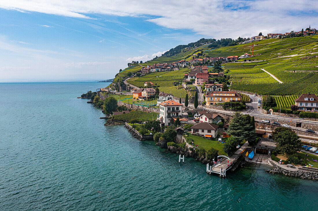 Luftaufnahme der Weinbergterrassen von Lavaux, UNESCO-Weltkulturerbe, Genfer See, Schweiz, Europa