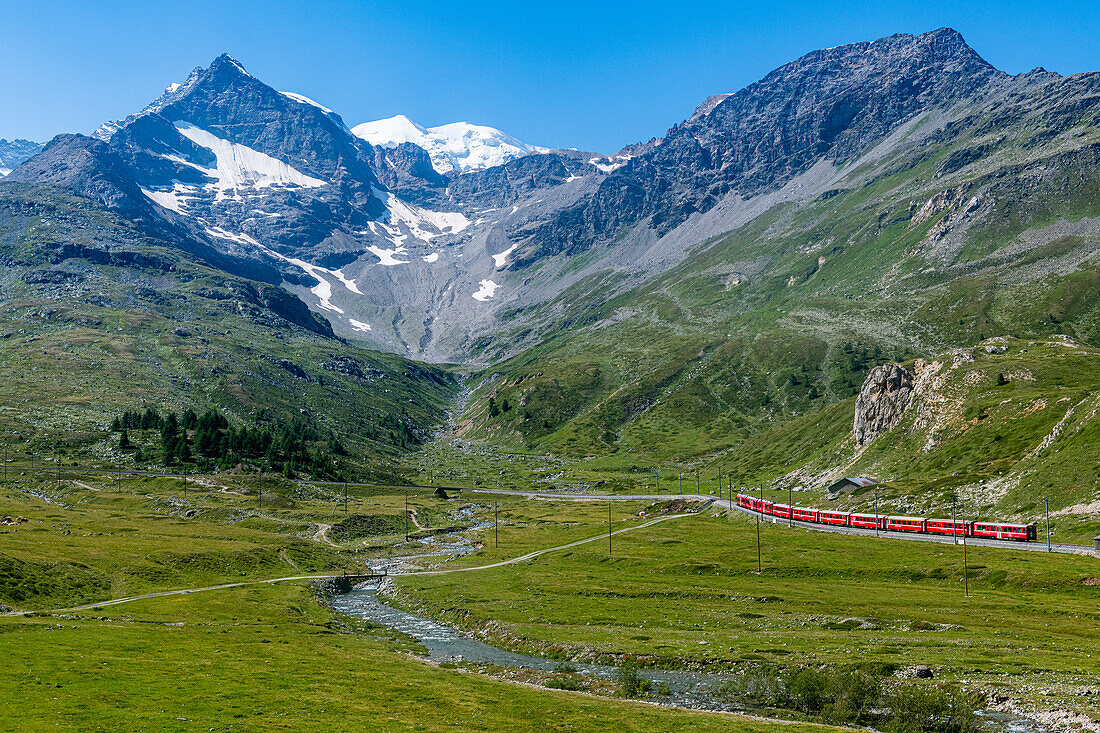 Rhaetian Railway crossing the Bernina Pass, UNESCO World Heritage Site, Switzerland, Europe