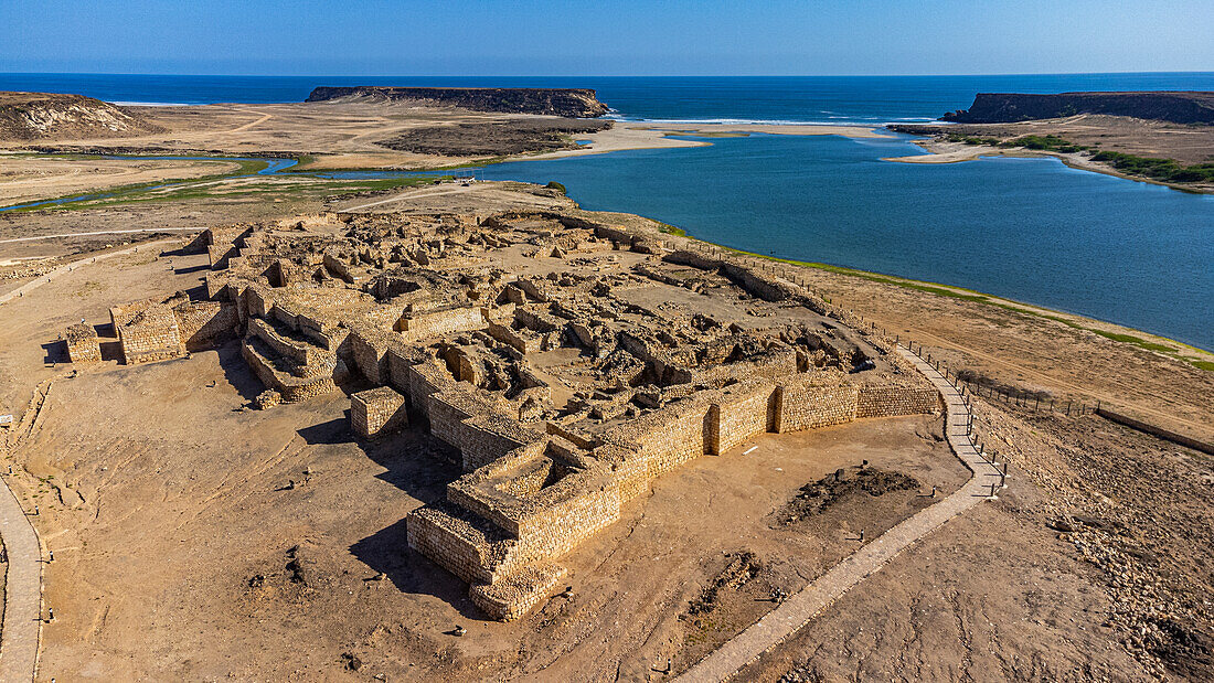 Aerial of the old Frankincense harbour Sumhuram, UNESCO World Heritage Site, Khor Rori, Salalah, Oman, Middle East