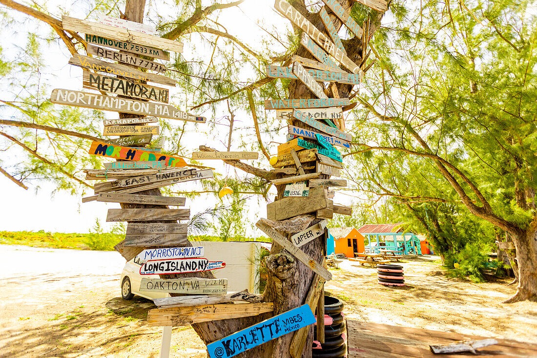 Direction sign on Horse Stable Beach, North Caicos, Turks and Caicos Islands, Atlantic, Central America