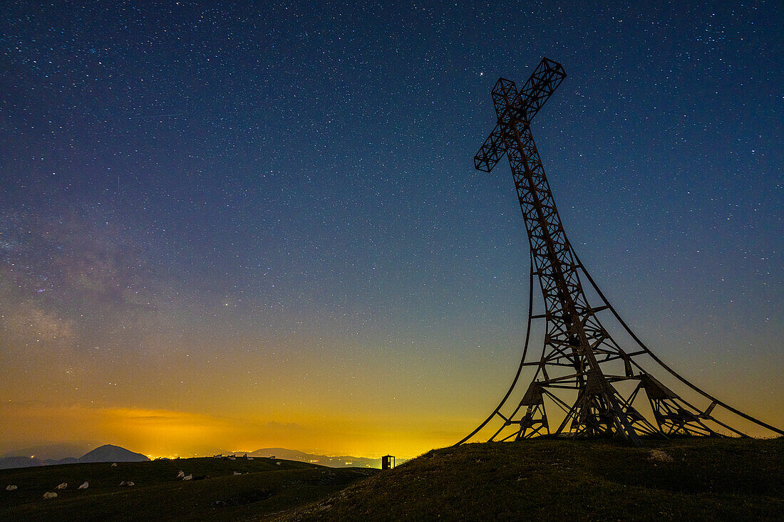 Mount Catria summit cross by night, Apennines, Marche, Italy, Europe