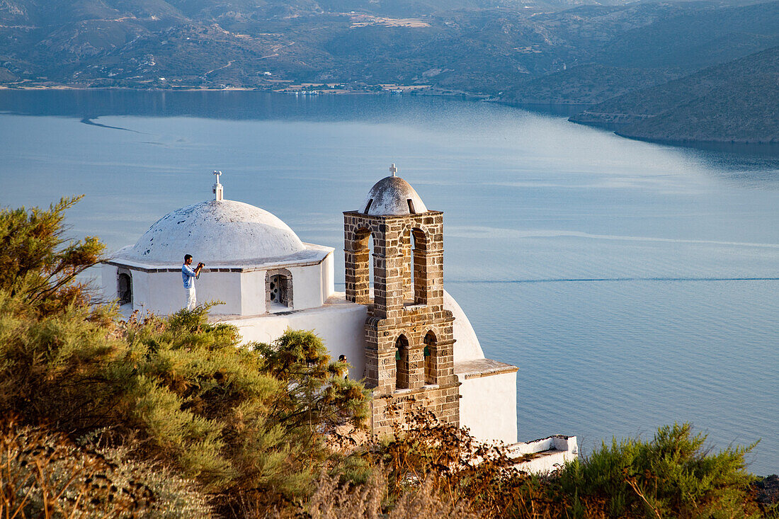 Domed church Pangia Thalassitra, church on Milos with a view over the sea at sunset, Plaka, Milos, Cyclades, Greek Islands, Greece, Europe