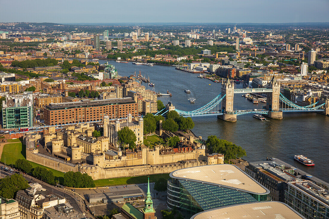 River Thames, Tower of London and Tower Bridge from above, London, England, United Kingdom, Europe