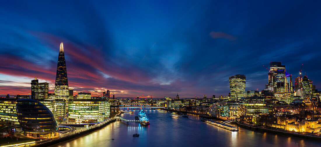 Panoramic view of River Thames, The Shard, City of London and London Bridge at sunset, London, England, United Kingdom, Europe