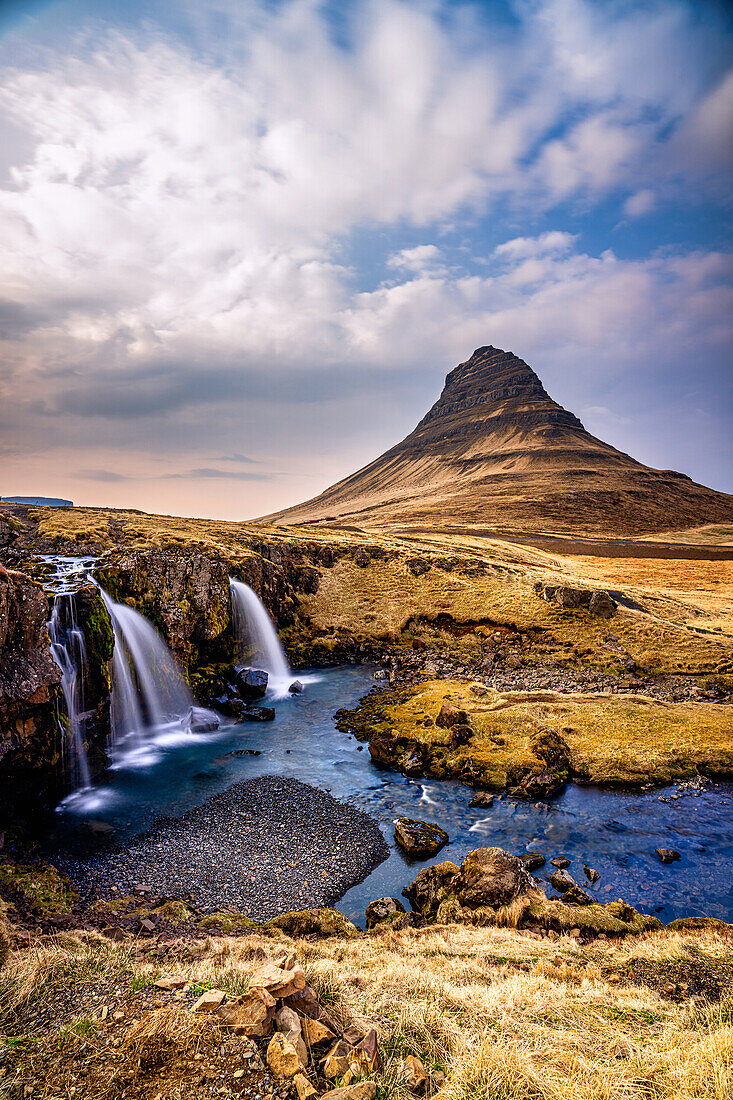 The Kirkjufell waterfall at sunrise, Snaefellsnes Peninsula, Western Iceland, Polar Regions