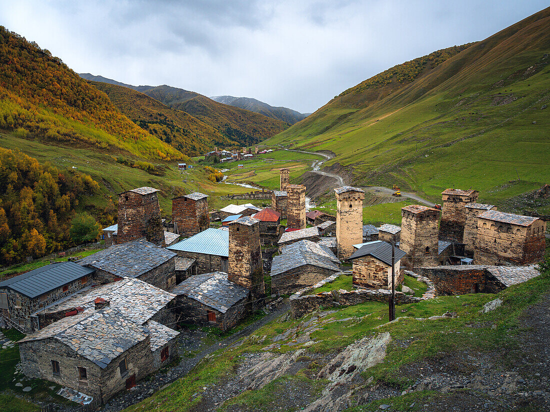 A cloudy day in Ushguli, Mestia, Samegrelo-Upper Svaneti, Georgia (Sakartvelo), Central Asia, Asia