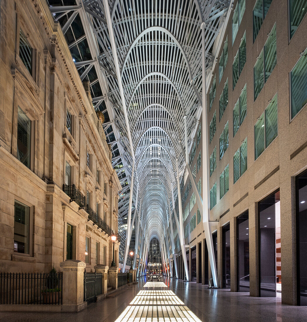 The Allen Lambert Galleria at night, nicknamed the Crystal Cathedral of Commerce, Brookfield Place, Toronto, Ontario, Canada, North America