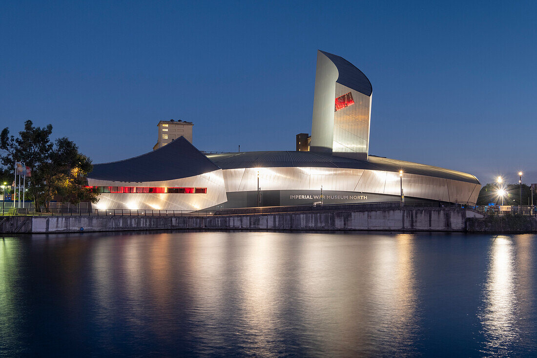 Imperial War Museum North at night, Salford Quays, Manchester, England, United Kingdom, Europe