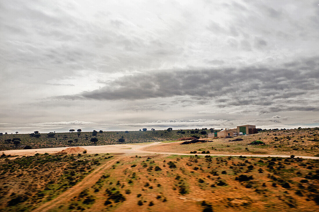 Arid Landscape View through Train Window, Spain