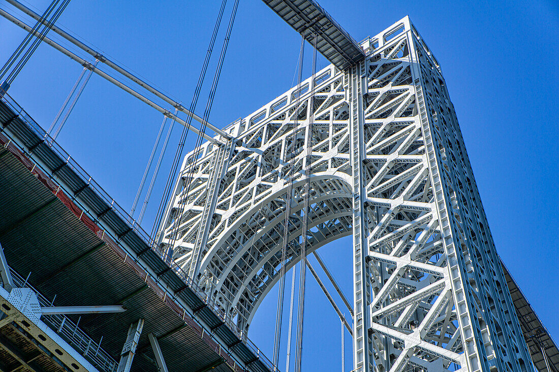 Low Angle View of Suspension Tower, George Washington Bridge, connecting New York City, New York and Fort Lee, New Jersey, USA