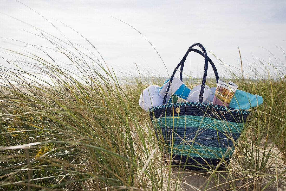 Beach bag packed for day at beach