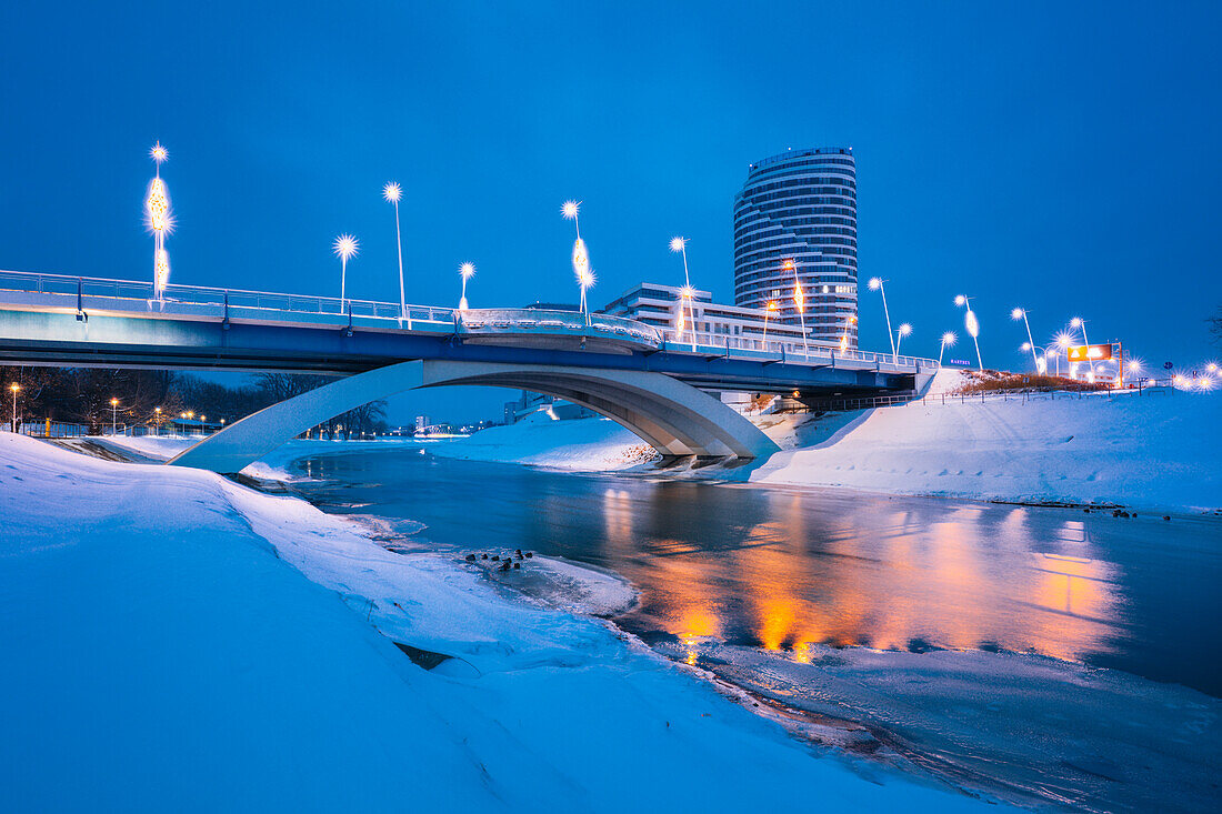 Poland, Subcarpathia, Rzeszow, Illuminated bridge in winter