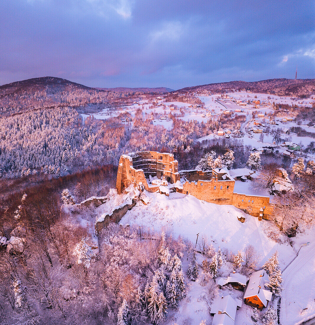 Polen, Karpatenvorland, Odrzykon, Luftaufnahme der Burgruine Kamieniec im Winter