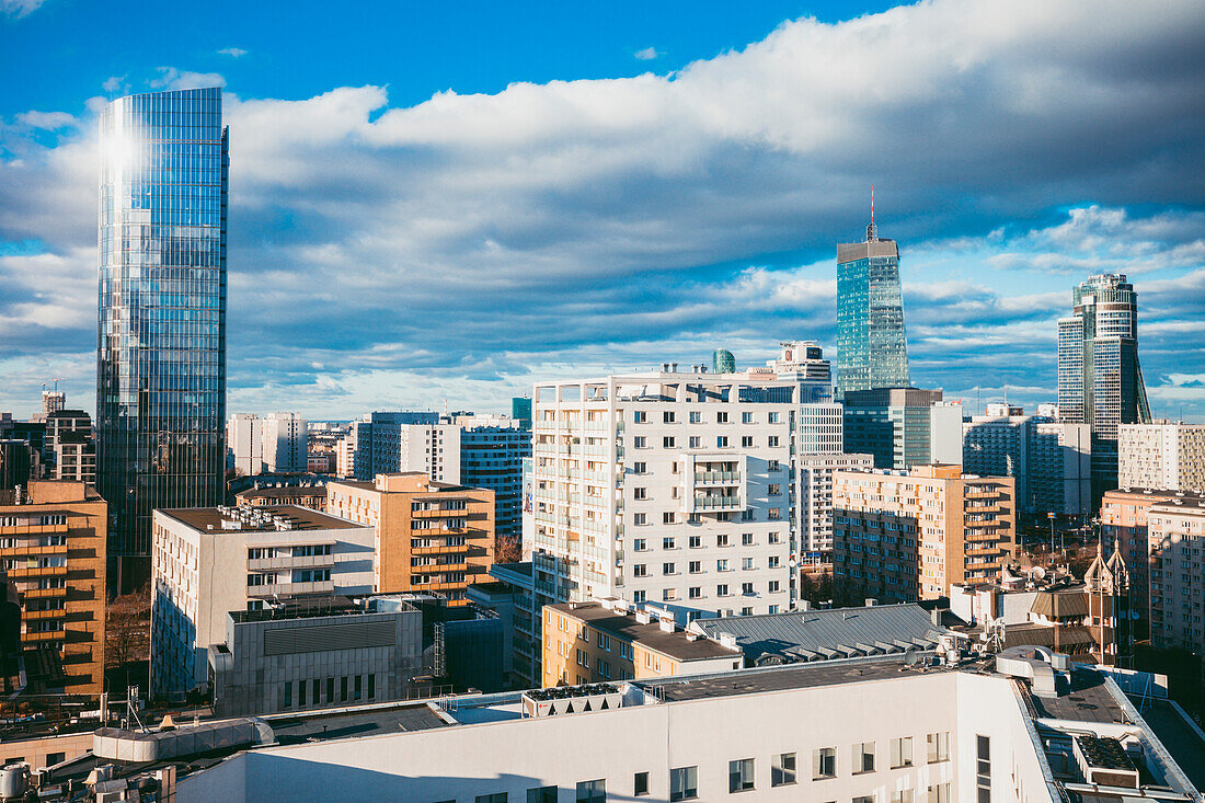 Poland, Masovia, Warsaw, City skyline with skyscrapers