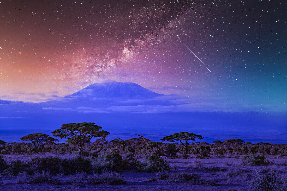 Africa, Kenya, Milky way and falling star over Mount Kilimanjaro in Amboseli National Park