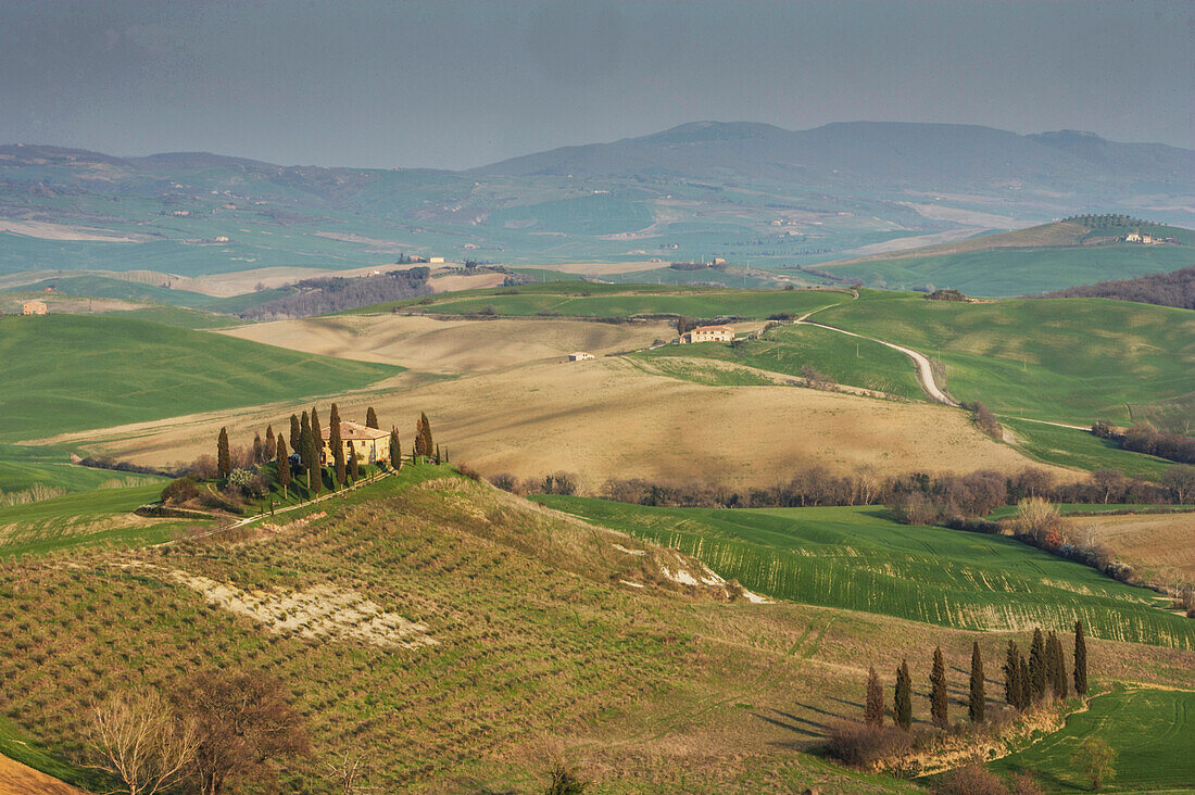 Italien, Toskana, Val D'Orcia, Pienza, Luftaufnahme von Hügeln und Feldern mit Zypressen