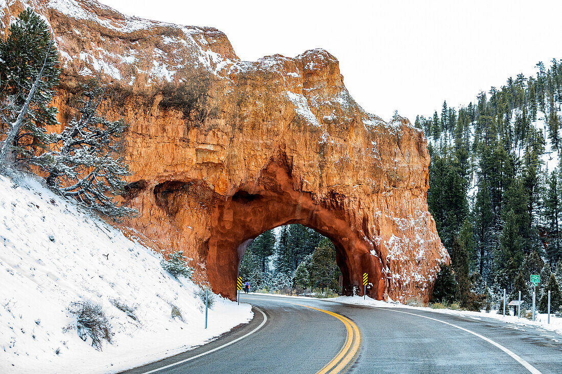 USA, Utah, Bryce Canyon, Road through sandstone arch near Bryce Canyon National Park