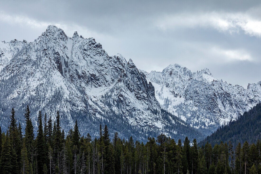 USA, Idaho, Stanley, Berglandschaft und Wald im Winter