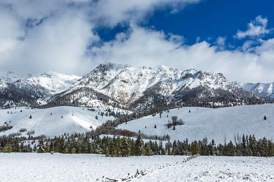 USA, Idaho, Sun Valley, Berglandschaft und Wald im Winter