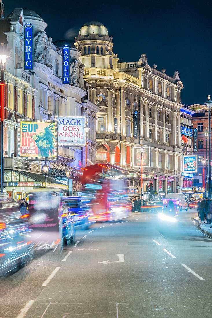 Shaftesbury Avenue also known as Theatreland, at night, London, England, United Kingdom, Europe