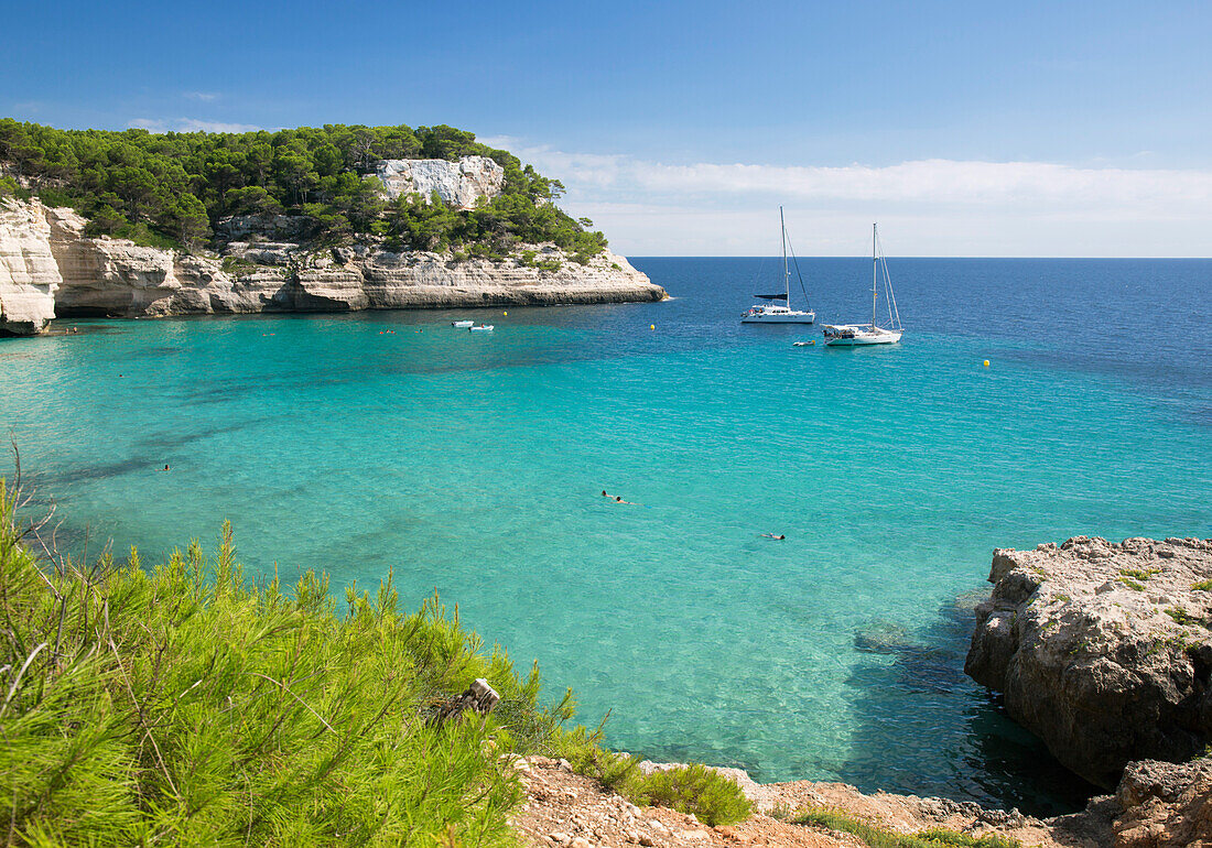 Blick über das türkisfarbene Wasser von Cala Mitjana zu den mit Pinien bewachsenen Kalksteinfelsen, Cala Galdana, Menorca, Balearen, Spanien, Mittelmeer, Europa