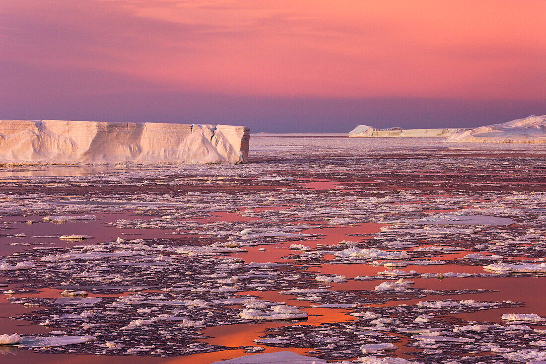 Huge iceberg and ice floes in the ocean at sunrise, Antarctica