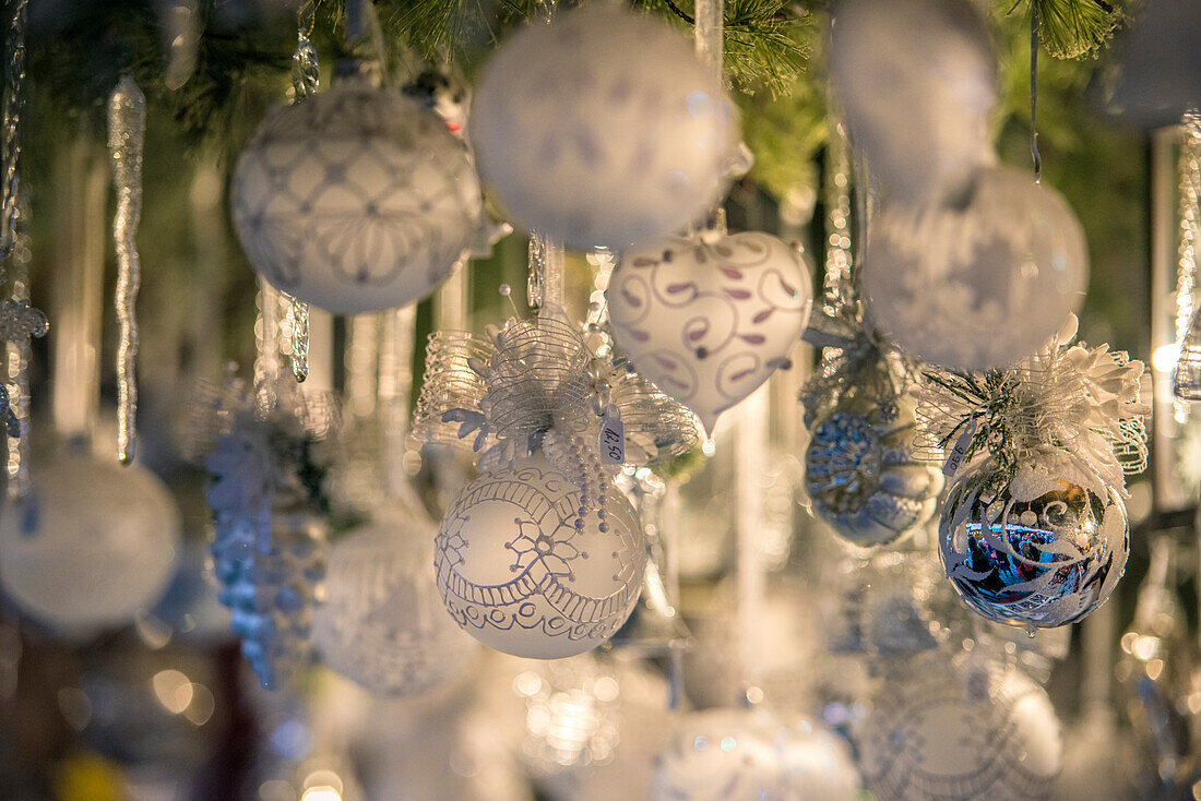 Ornate glass Christmas ornaments at Christmas Market, Nuremberg, Germany ()