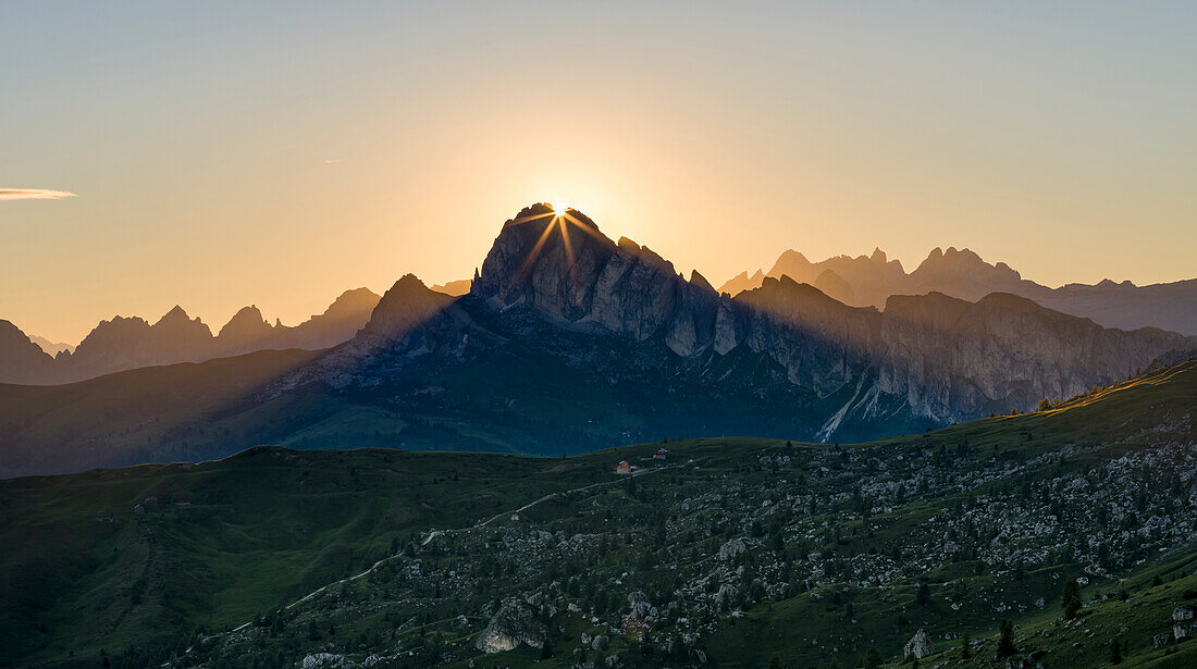 Dolomites at Passo Giau. View towards towards west at sunset. The Dolomites are part of the UNESCO World Heritage Site, Italy.