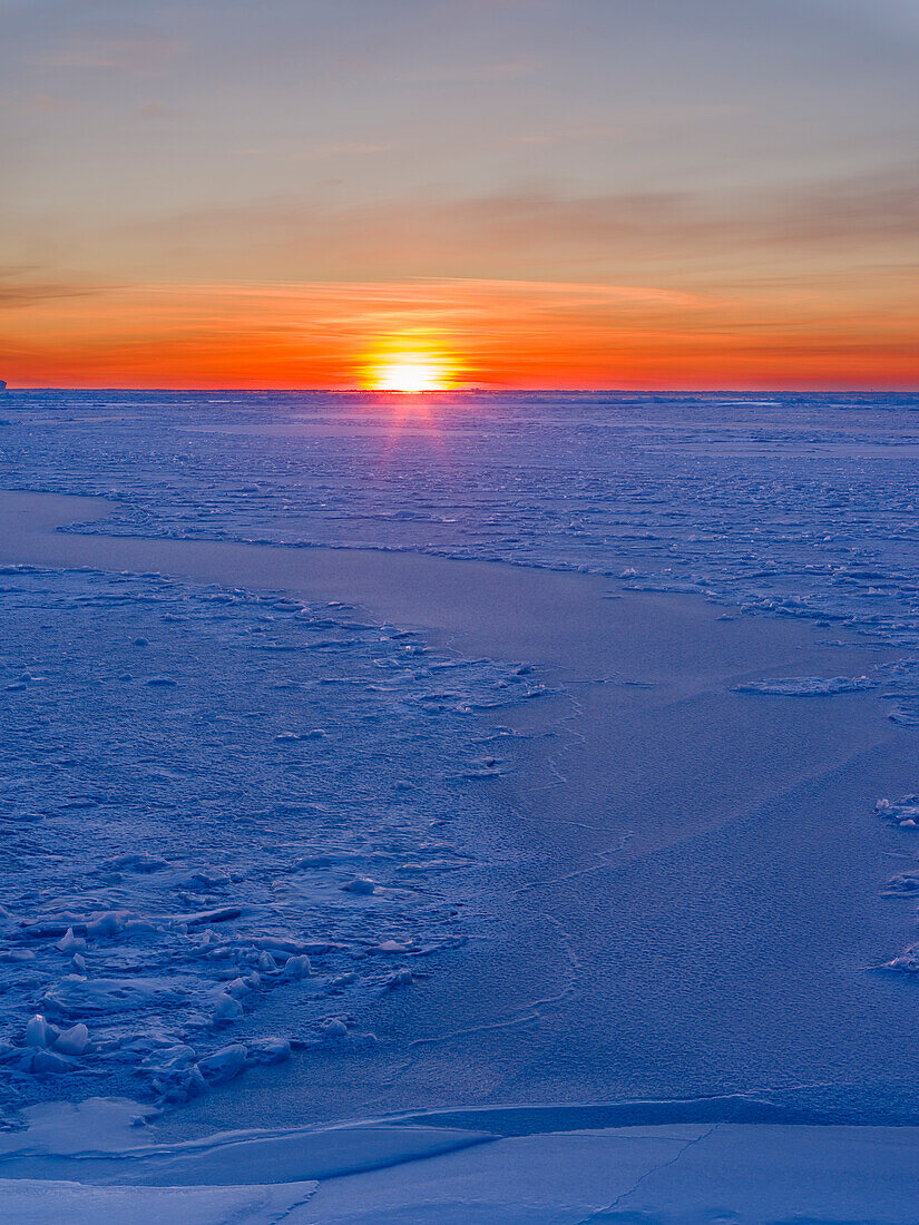 Sonnenuntergang am Ufer der zugefrorenen Diskobucht im Winter, Westgrönland, Dänemark