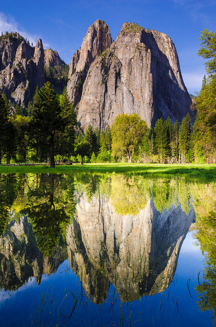 Cathedral Rocks spiegelt sich im Teich, Yosemite National Park, Kalifornien, USA.