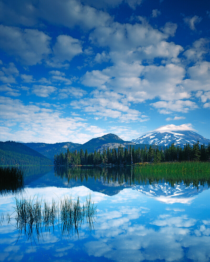 USA, Oregon, Deschutes National Forest, South Sister reflects in Sparks Lake