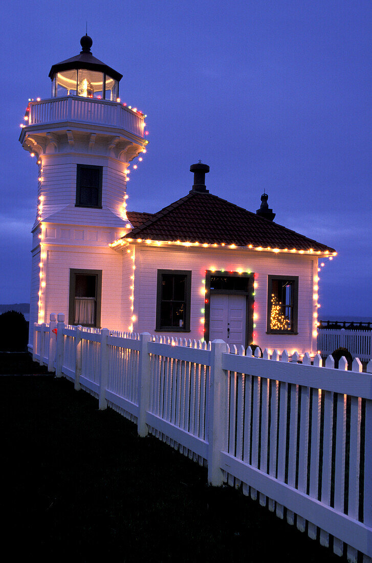 N.A., USA, Washington, Mukilteo, Mukilteo Lighthouse with Christmas Lights