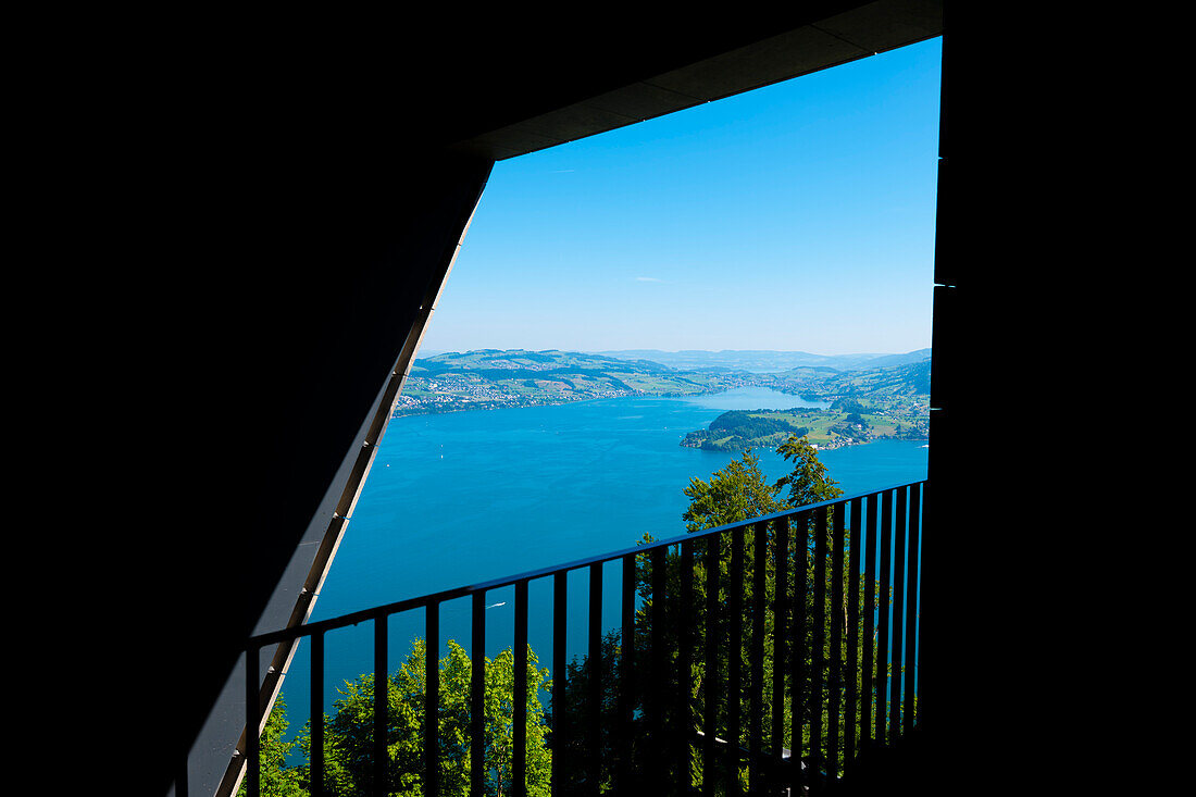 Landscape View From Cable Car Station on Mountain Side and Lake Lucerne in a Sunny Day in Burgenstock, Nidwalden in Switzerland.