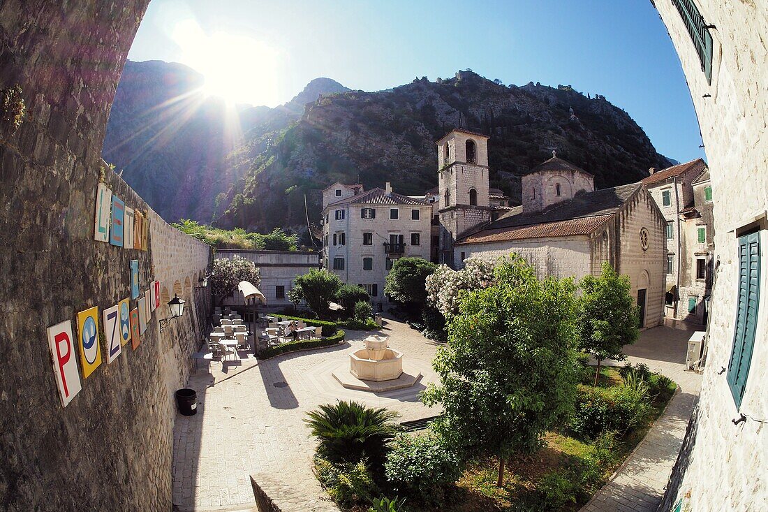 Square with Church of Saint Mary, Old Town of Kotor in the inner bay of Kotor Bay, Montenegro