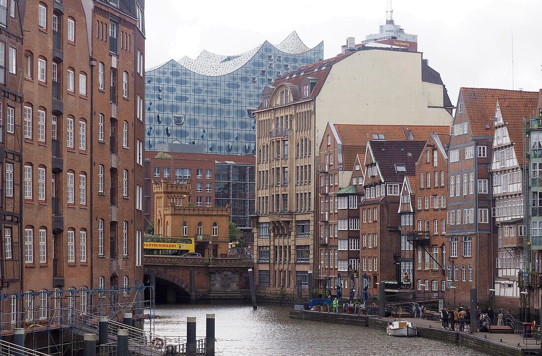 Houses with Elbphilharmonie at Nikolai Fleet, Hamburg, Germany