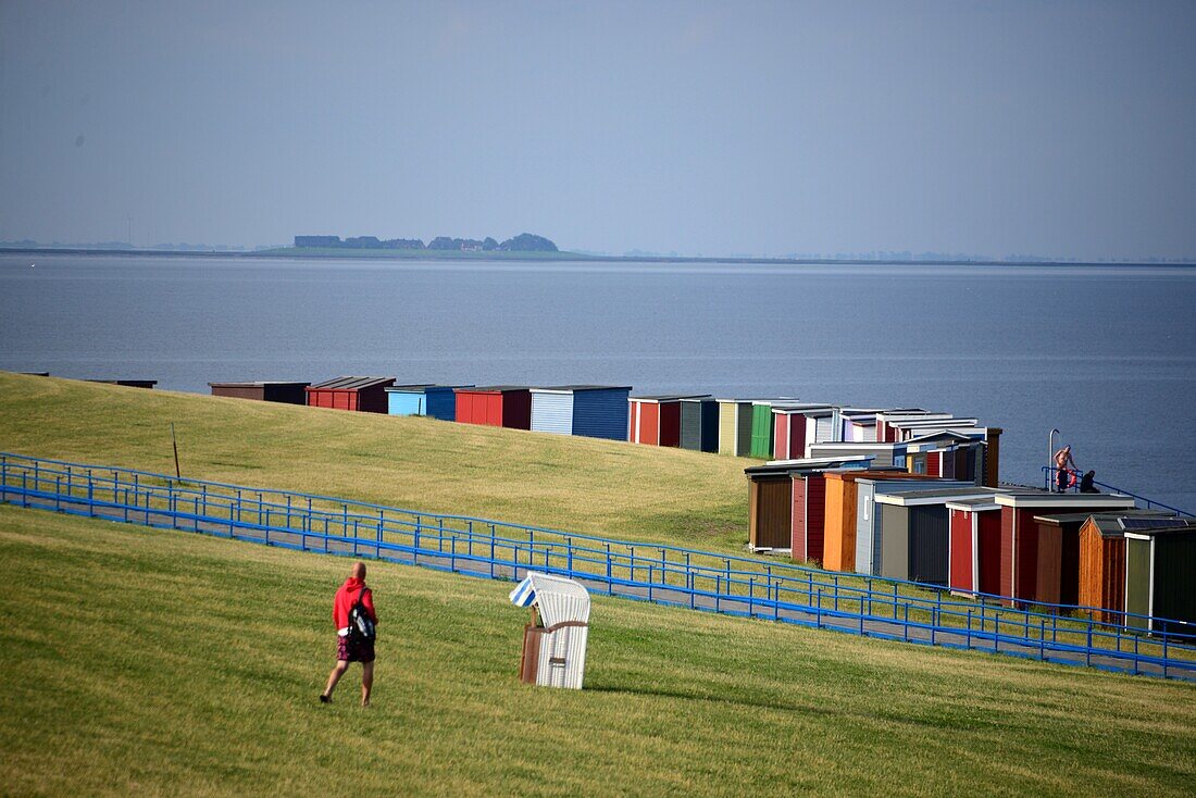 Düne von Dagebüll mit Badebuden, Nationalpark Wattenmeer, Nordfriesland, Nordseeküste, Schleswig-Holstein