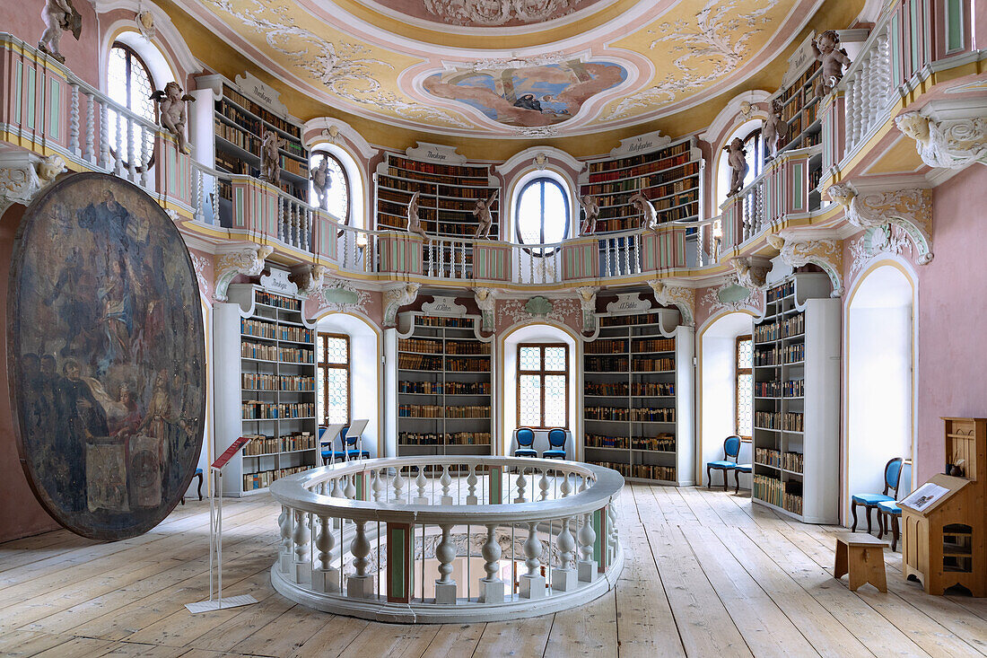 Library with a view of the refectory in the Benedictine monastery of St. Mang in Füssen in the Ostallgäu in Bavaria in Germany