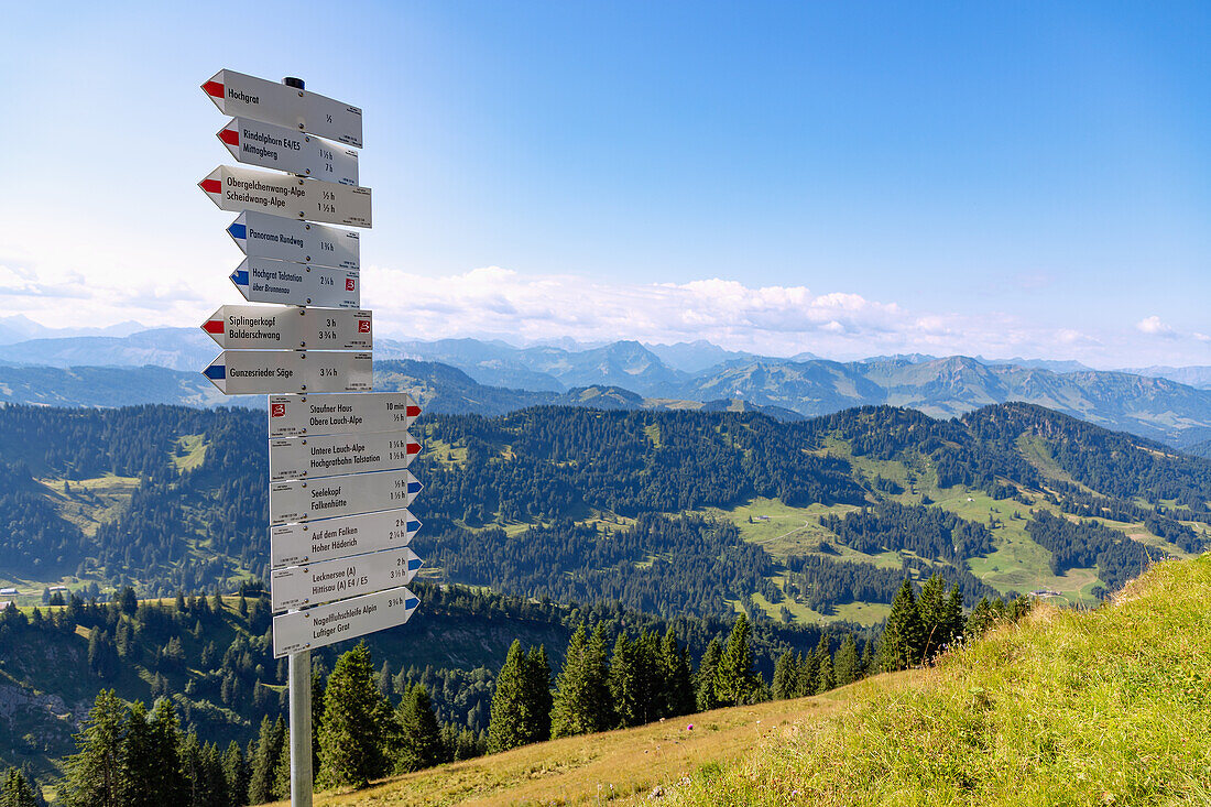 Hiking trail sign and mountain panorama from the Hochgrat in Oberallgäu in Bavaria in Germany