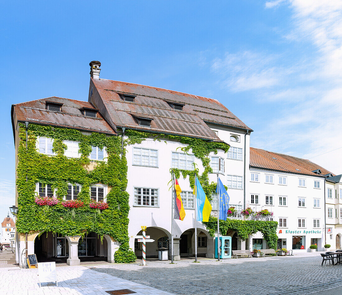 Wassertorstrasse with town hall and view of Espantor in Isny in the Westallgäu in Baden-Württemberg in Germany