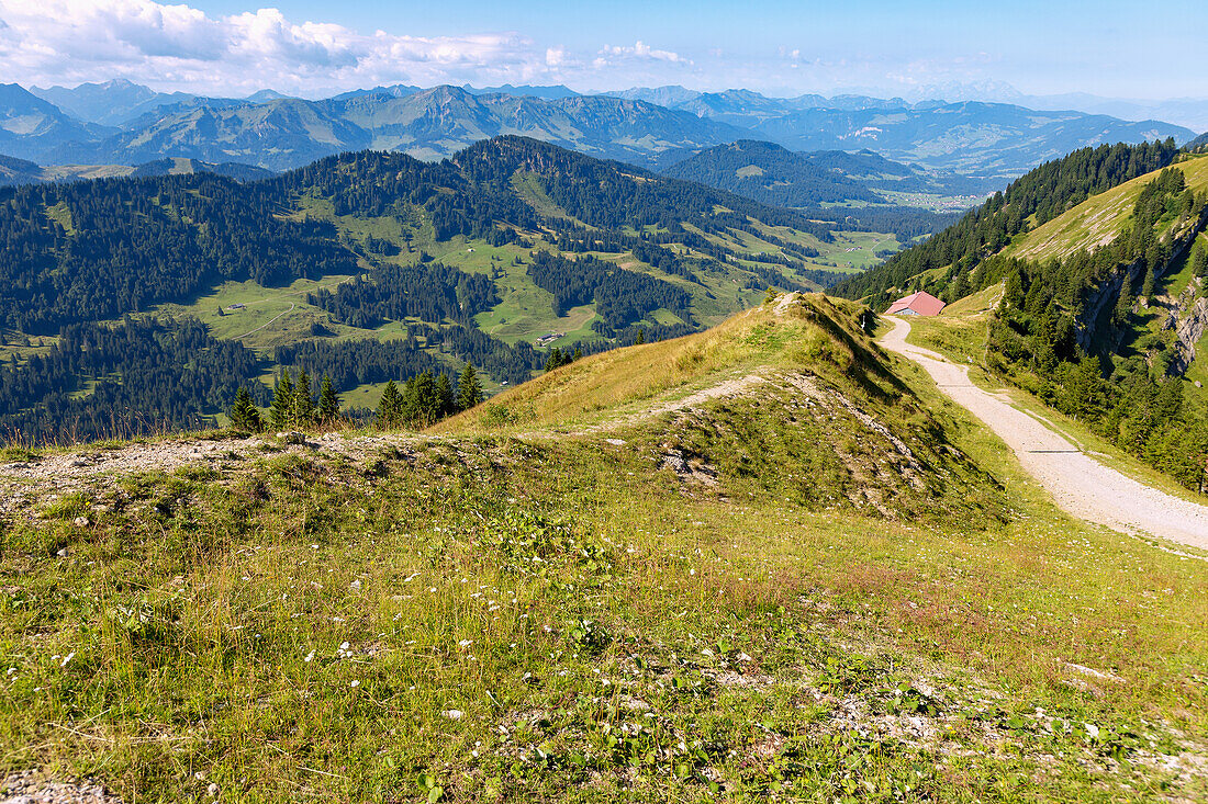 Hiking trail and mountain panorama from the Hochgrat in Oberallgäu in Bavaria in Germany