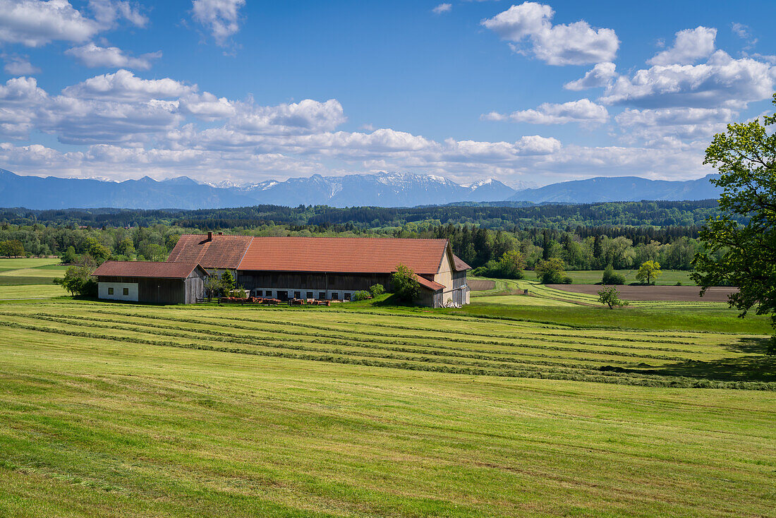 View over the idyllic foothills of the Alps near Peissenberg, Bavaria, Germany