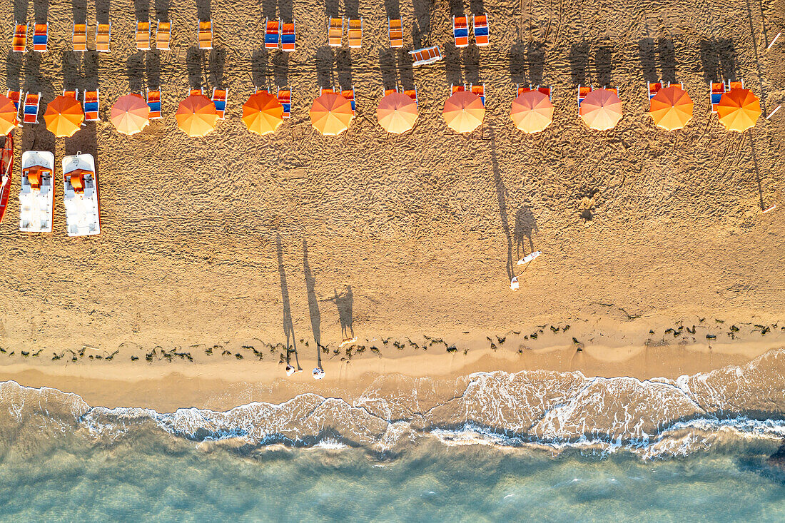 Luftaufnahme von Sonnenschirmen in einer Reihe am Sandstrand, der vom kristallklaren Meer umspült wird, Vieste, Provinz Foggia, Gargano, Apulien, Italien, Europa